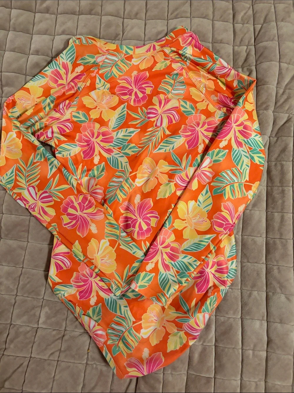 Kids Orange Floral Long-Sleeve Swim One-Piece Size L (10/12)
